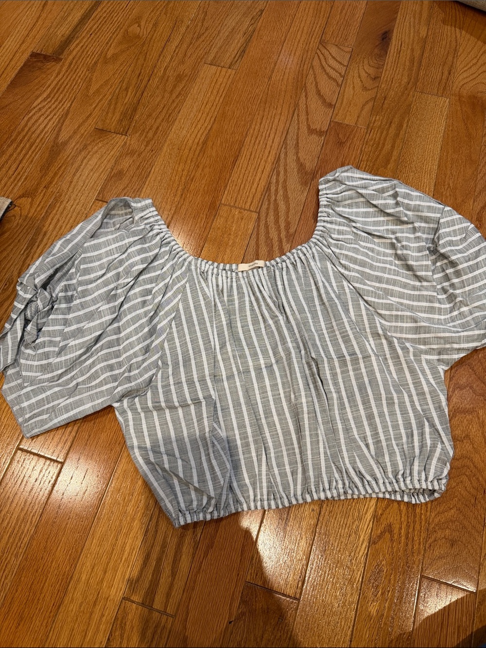 Eberjey Grey & White Striped Loose Crop Top with Cutout & Tie on Sleeve, Size M